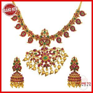 Traditional Indian Antique Gold Plated Temple Jewelry Necklace Set